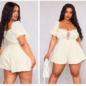 NEW Pretty Little Thing Plus Cream Textured Lace Up Romper Size: XL